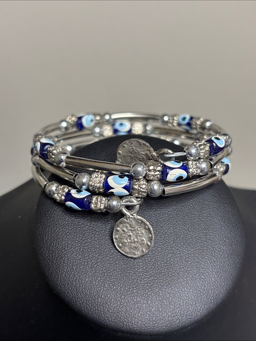 Silver-Tone Blue Evil Eye Coil Bracelet Stack